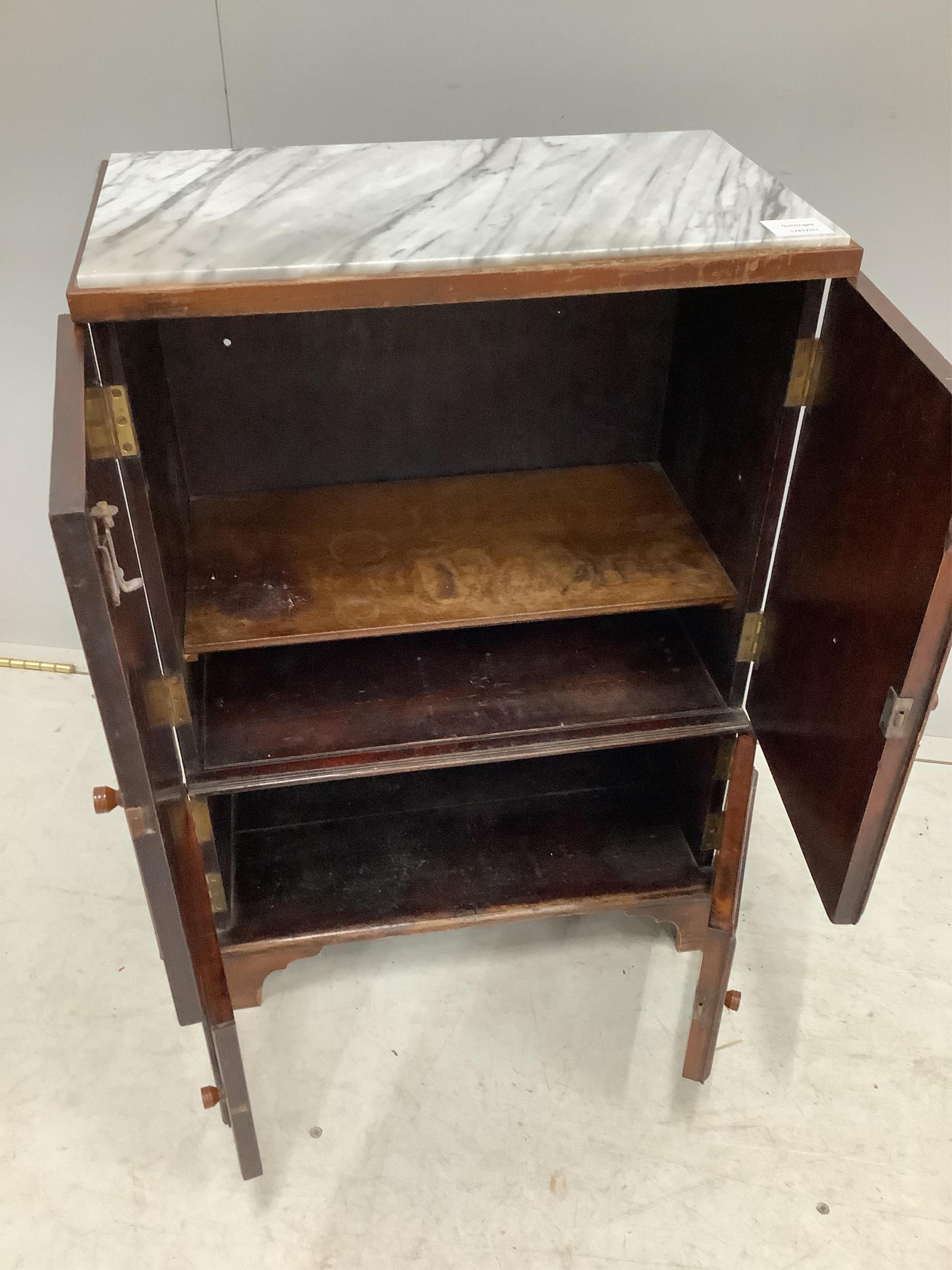 A small mahogany marble top side cabinet, width 49cm, depth 27cm, height 72cm. Condition - fair